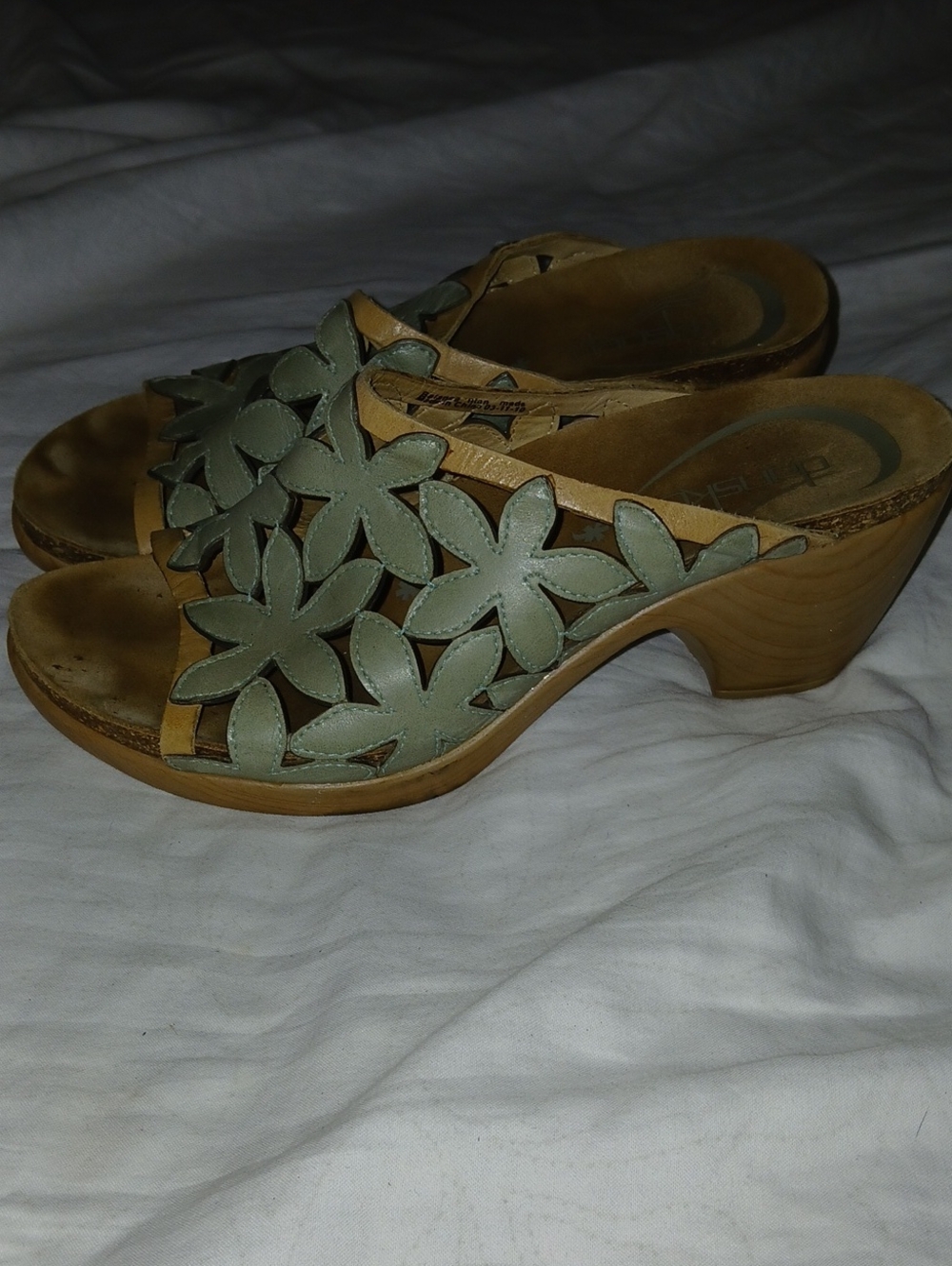 Dansko Womens  Sage Green Floral Leather Wedge Clog Slip On Sandals Sz: 37/ 7.5